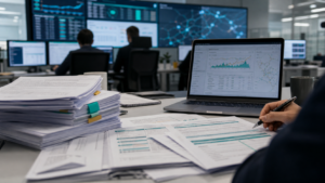 Mesa de trabajo con documentación regulatoria y pantallas de operación del sistema eléctrico.