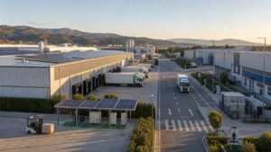 Campus industrial y logístico con cubiertas solares, muelles de carga y gestión energética interna.