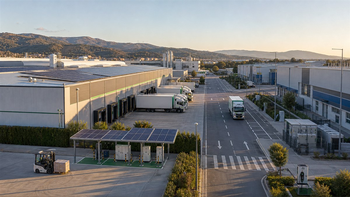 Campus industrial y logístico con cubiertas solares, muelles de carga y gestión energética interna.